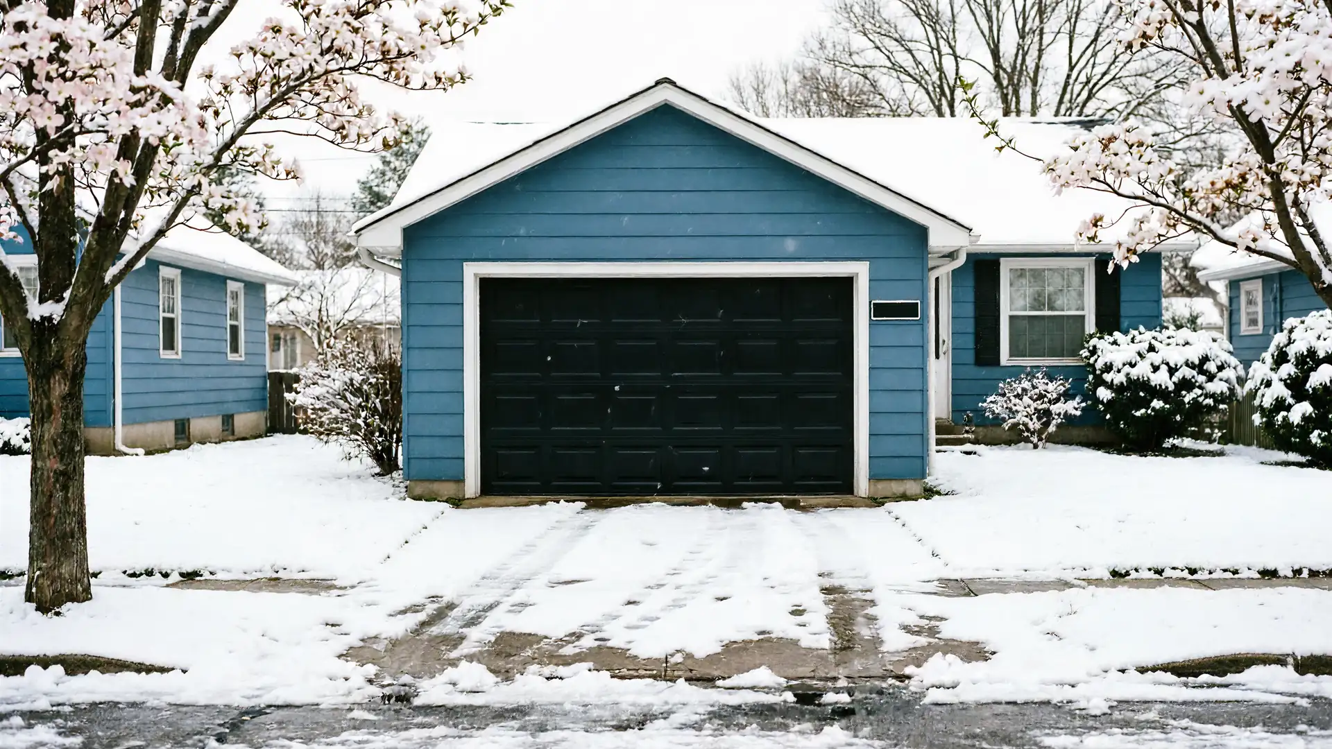 A blue house with a black garage door and a snow-covered driveway.
