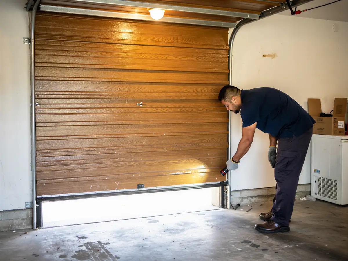 A technician shines a flashlight on the bottom of a brown garage door.